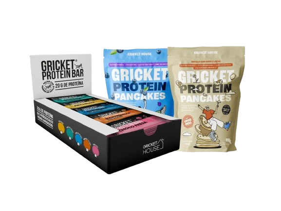 Caja de barritas Gricket y bolsas de pancakes de proteína